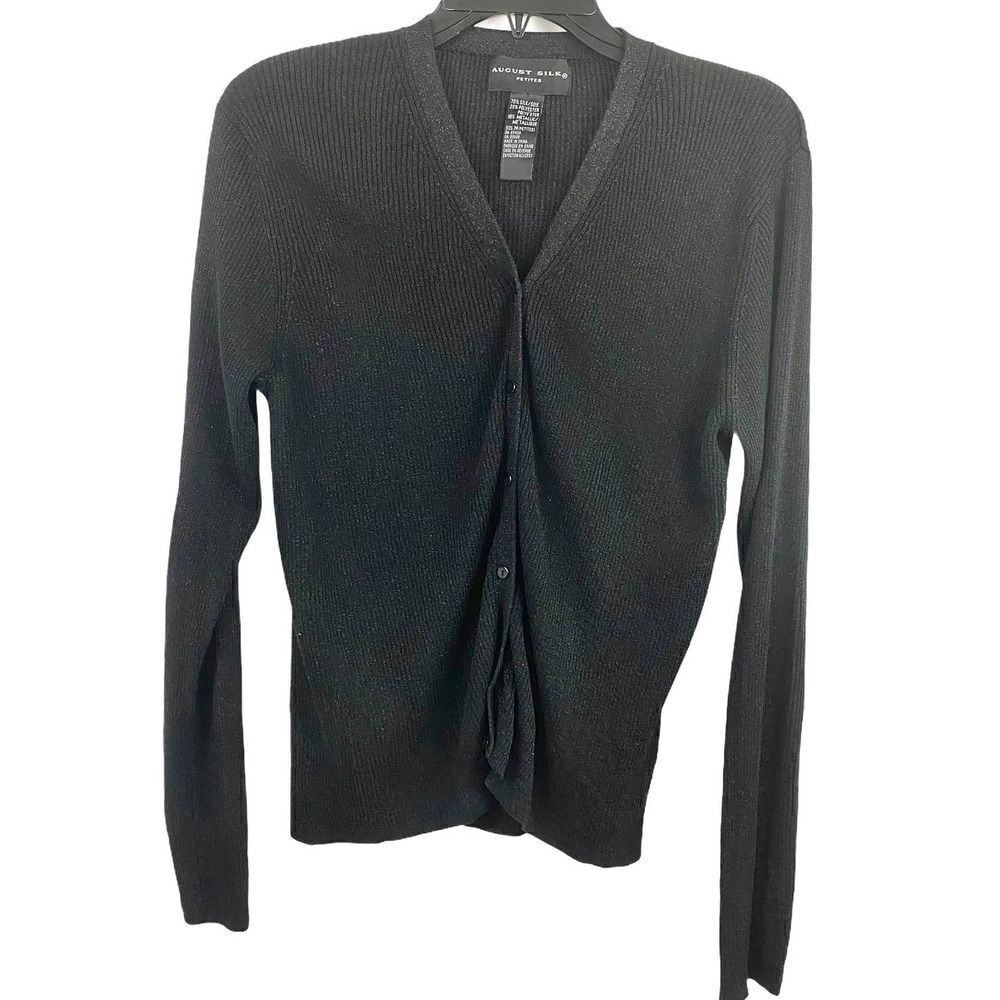 August Silk Black Ribbed Silk V Neck Cardigan Size Medium Petites